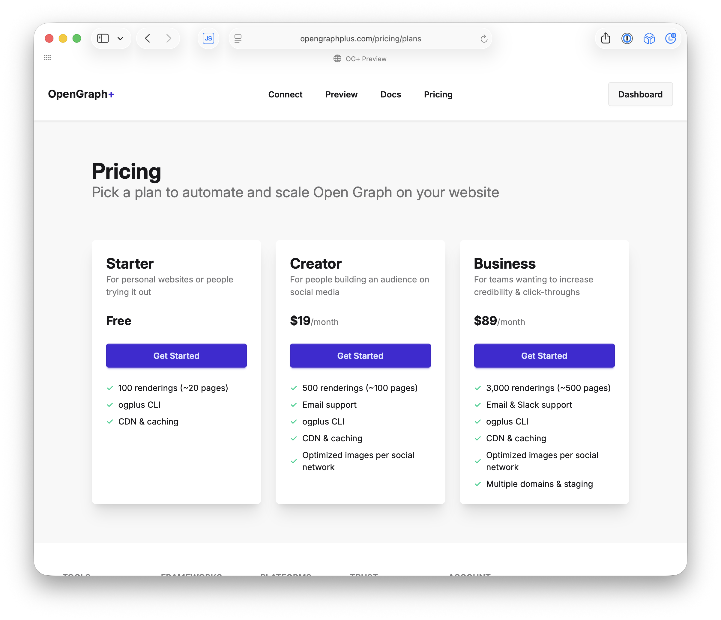 OG+ pricing page